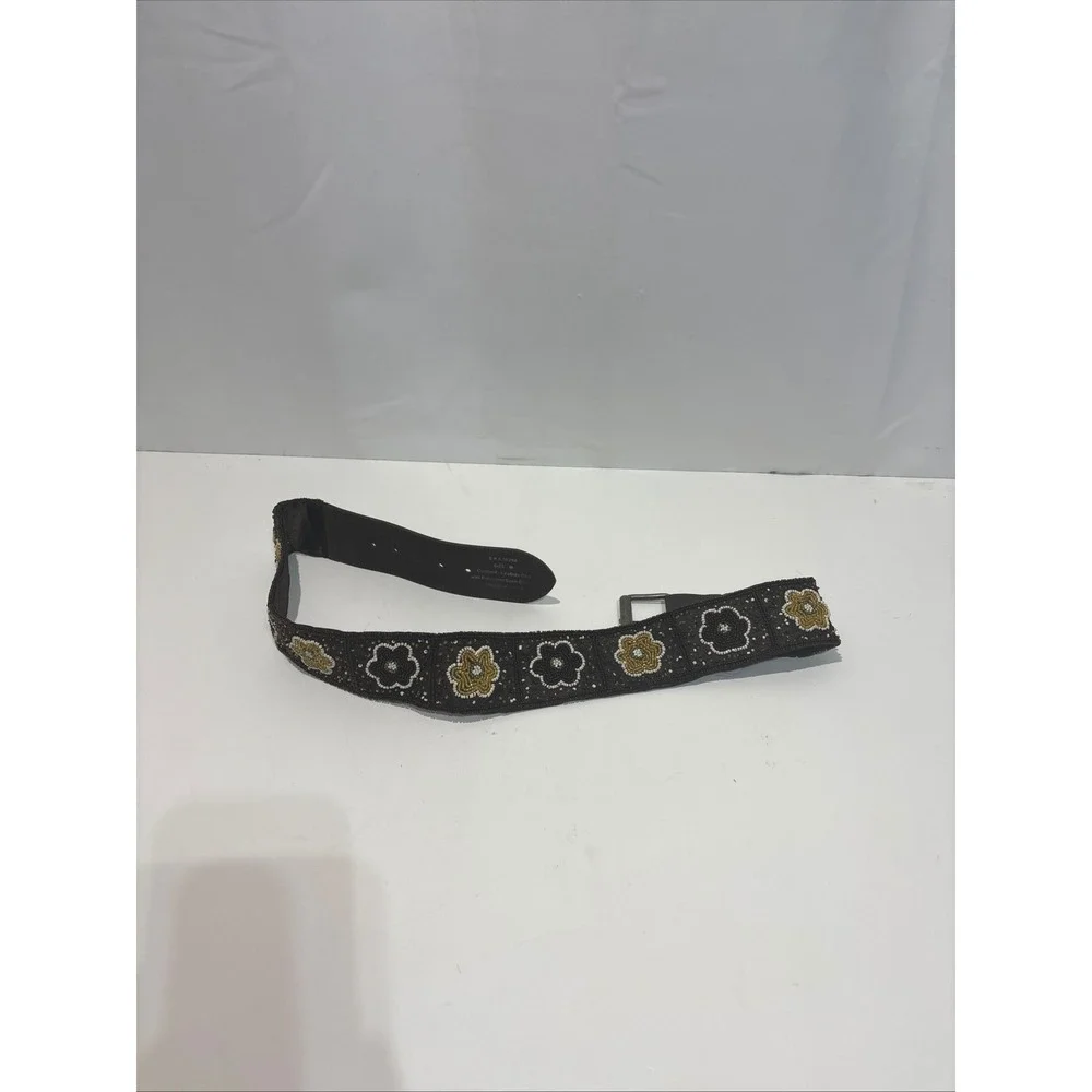 VTG India Beaded Floral Leather Belt Womens Medium Brown Gold Boho Wide Waist